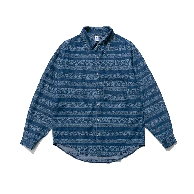 

SummerNew American Style Retro Blue Dyed Washed Old Shirt Spring Casual Long sleeves