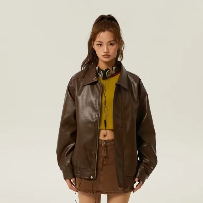 Jacket Women Pu-leather American Retro Loose Chic Long Sleeves All-match High Street Harajuku Autumn Simple Schoolgirls Fashion