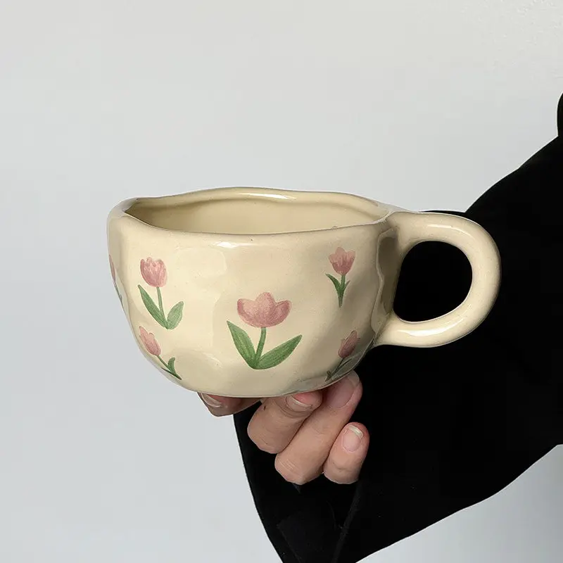 Ins‑style Floral Pattern Ceramic Coffee Mug High Aesthetic Breakfast Milk Water Cup for Home Use Cute Ladies Drinking Cup