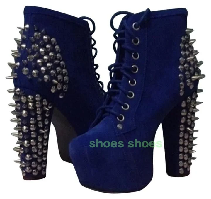 

Lady Spike Suede Drak Blue Chunky Heel Ankle Boots Lace-Up Metal Rivet Suede Fall Boots Spike Sexy Runway Footwear Size 34-46