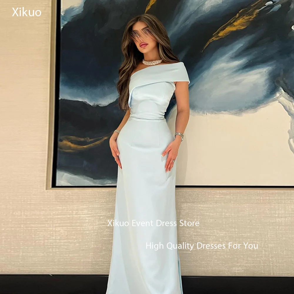 

Xikuo Graceful Blue Satin Evening Gowns One Shoulder Mermaid Robe Cocktail Femmes Summer Saudi Pleated Prom Dresses Customized