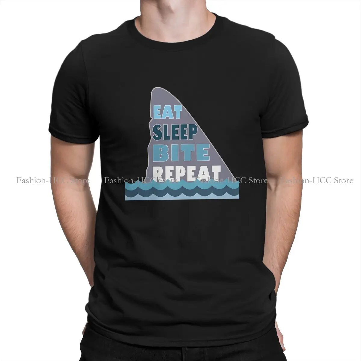 Eat Sleep Bite Repeat Hip Hop Polyester TShirt Shark Wild Animal Creative Tops Leisure T Shirt Men Tee