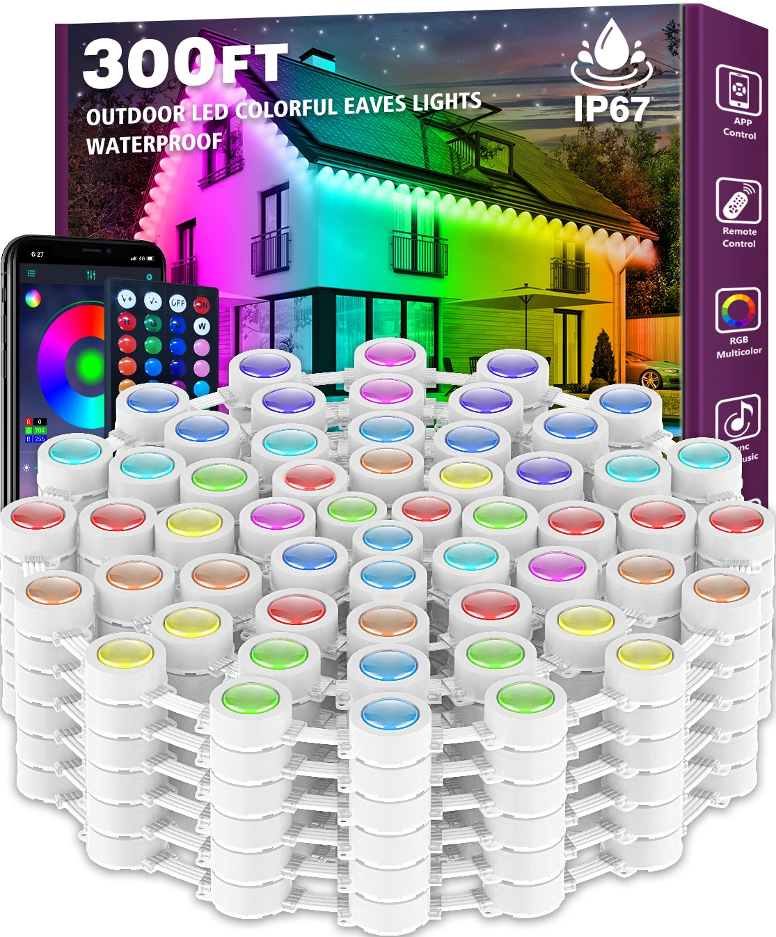 

300FT 90M Permanent Outdoor RGB LED Eave Lights IP67 Waterproof Smart Lighting App Remote Control DIY Scene Modes Color Changing Lamp for House Roof Party Holiday Decoration