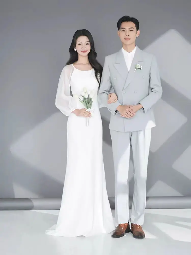 

White Satin Long Sve Simple Wedding Dr Evening Gown Bridal Entrance Guest Welcome Light Wedding Dr for Wedding Banquet