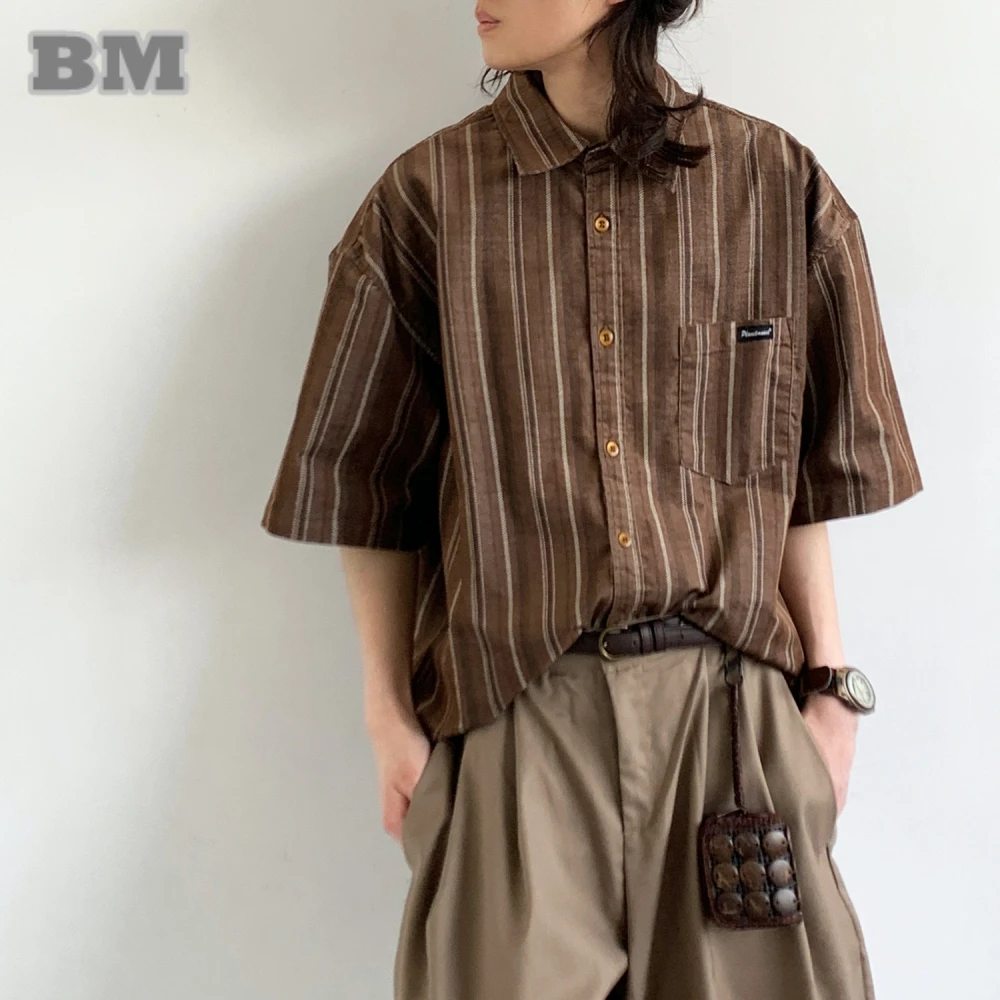 

‌Mens Summer Japanese Retro Striped Short Sleeve Shirt Unisex Loose Fit Casual High Quality Brown Top College Style Streetwear