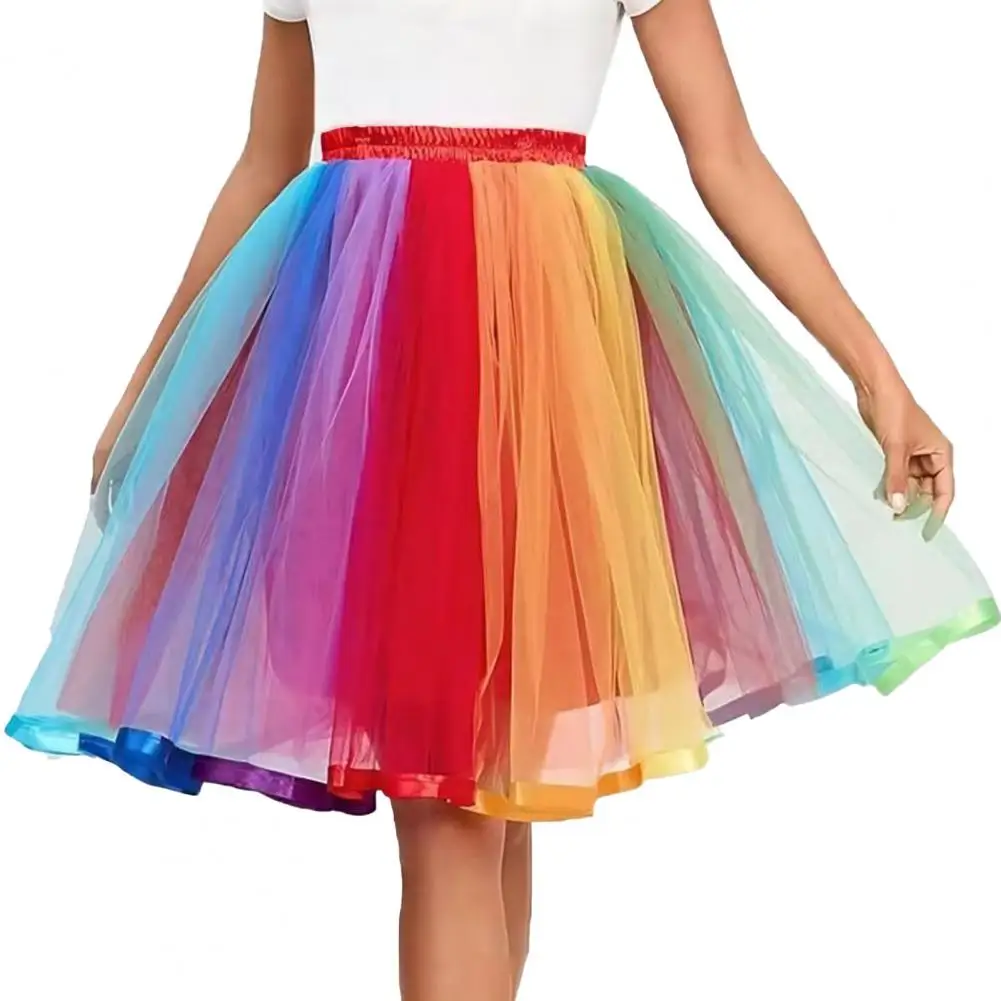 Elastic Waist Gauze Skirt Rainbow Color Multi Layer Mesh Skirt with Elastic Waist Ribbon Edge Women's Colorful Gauze Skirt Cute