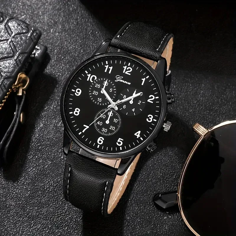 3pcs casual handsome men's pointer quartz watch and accessory set for daily wear and holiday gifts
