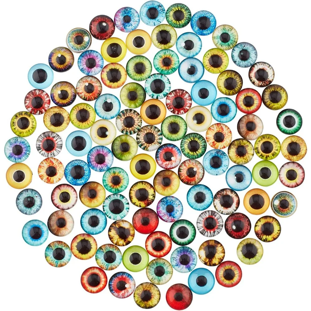 12mm Dragon Eyes Glass Cabochons 100pcs 50 Style Cat Owl Bird Eye Tiles Human Pupil Eyes Half Round Gems Lucky Evil Making Kit