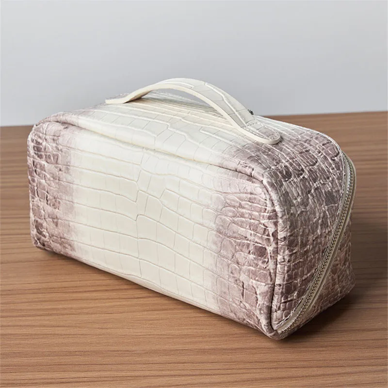 Women New Premium Makeup Bag Genuine Leather Cosmetic Portable Travel Toiletry Himalaya Color Crocodile Embossing Cosmetic Bag