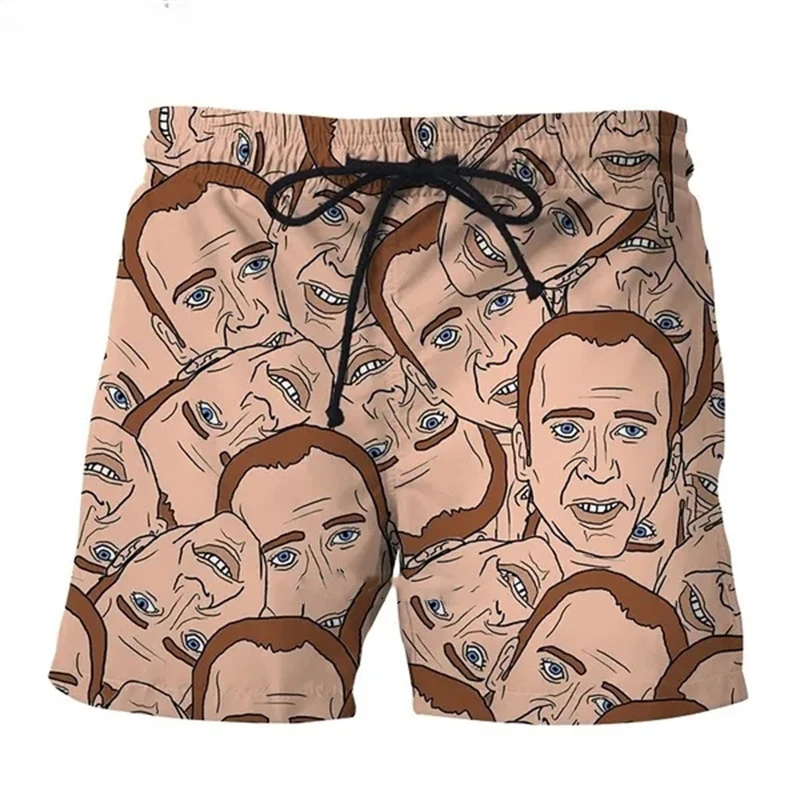 New Nicolas Cage Funny Face Graphic 3D Print Beach Shorts Men Women Surfing Board Shorts Oversized Swimwear Trunks Kids Clothing