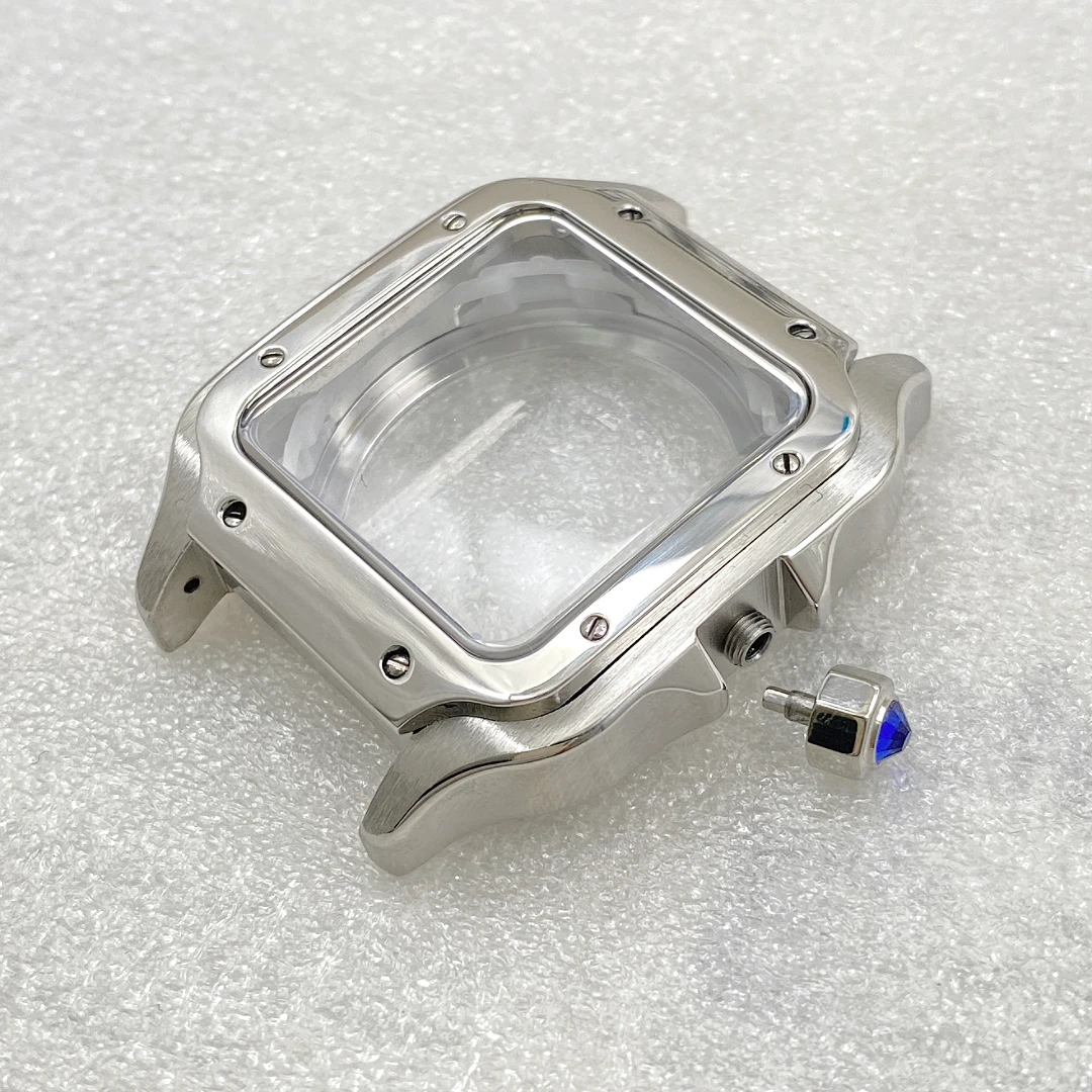 38mm Square Watch Case Fit 27mm Dial Leather Bracelet Mod Parts For Cartier Santos NH35 Movement Strap Butterfly Buckle Clasp