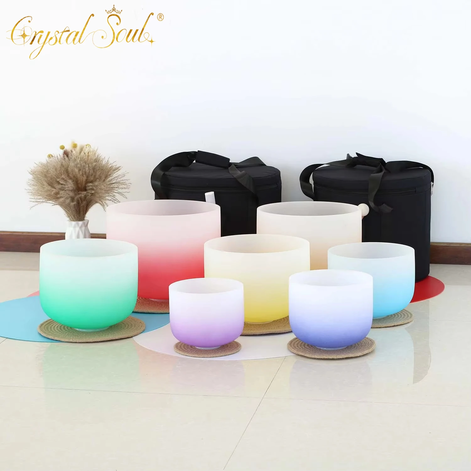 

CrystalSoul 432Hz Gradient color 7 Chakras Quartz Singing Bowl Set 7-13 Inch Crystal Music Bowl with bag and accessories