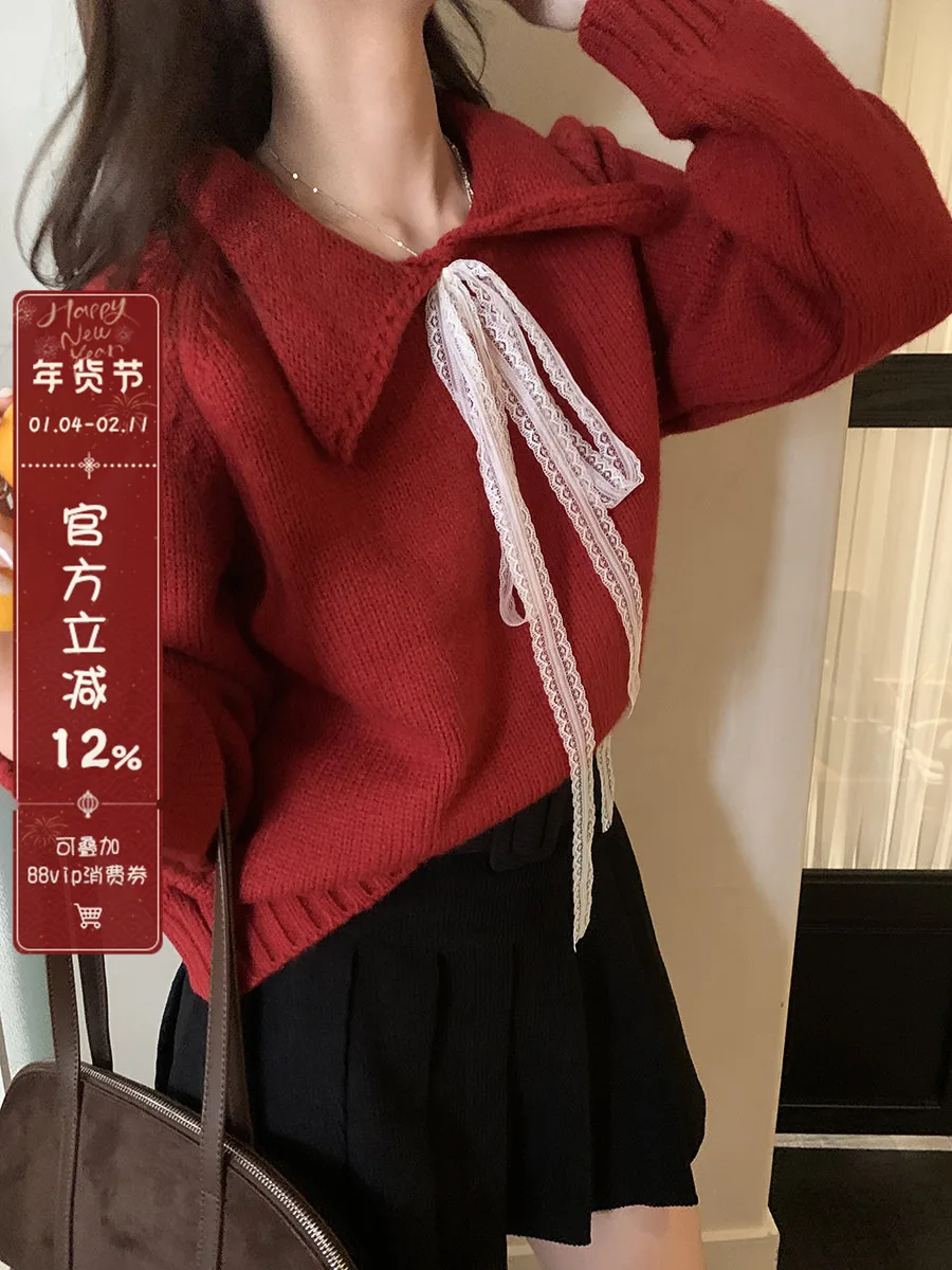 

Sweet Sle Lace Knot Turn-down Collar Sweater ature Overhead Knitted irt Girl's Soft Comfortable Warm Faion