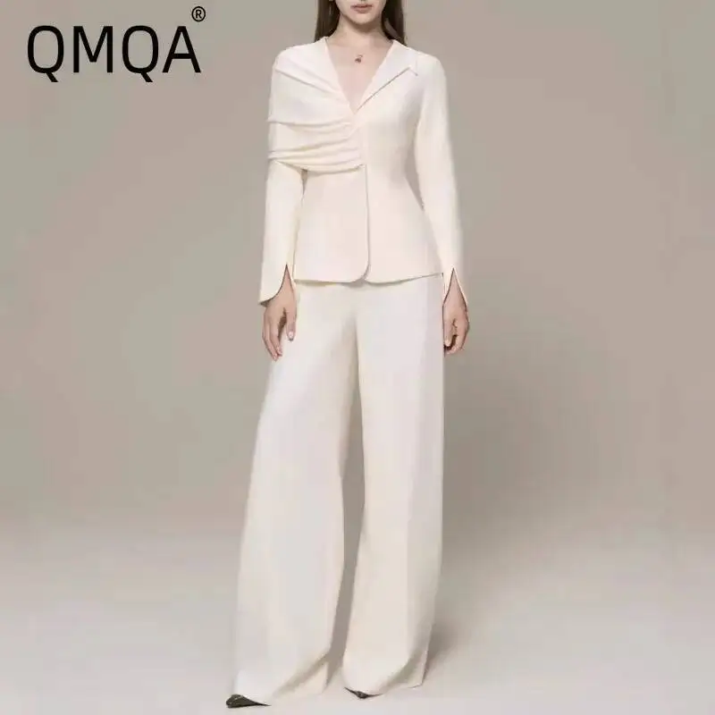 QMQA Fashion Women's Elegant Commuting Two-Piece Set: Simple Collared Blazer Wide-Leg Trousers Sets 2026 Female New QM1251