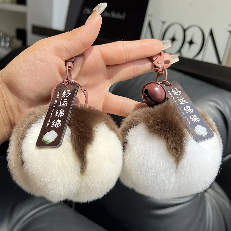 Niedlicher Schlüsselanhänger aus Kaninchenfell und Baumwolle, Plüsch-Anhänger für Schultaschen, Geschenk, Kawaii Rucksack-Schlüsselanhänger, Accessoires – Detail 9
