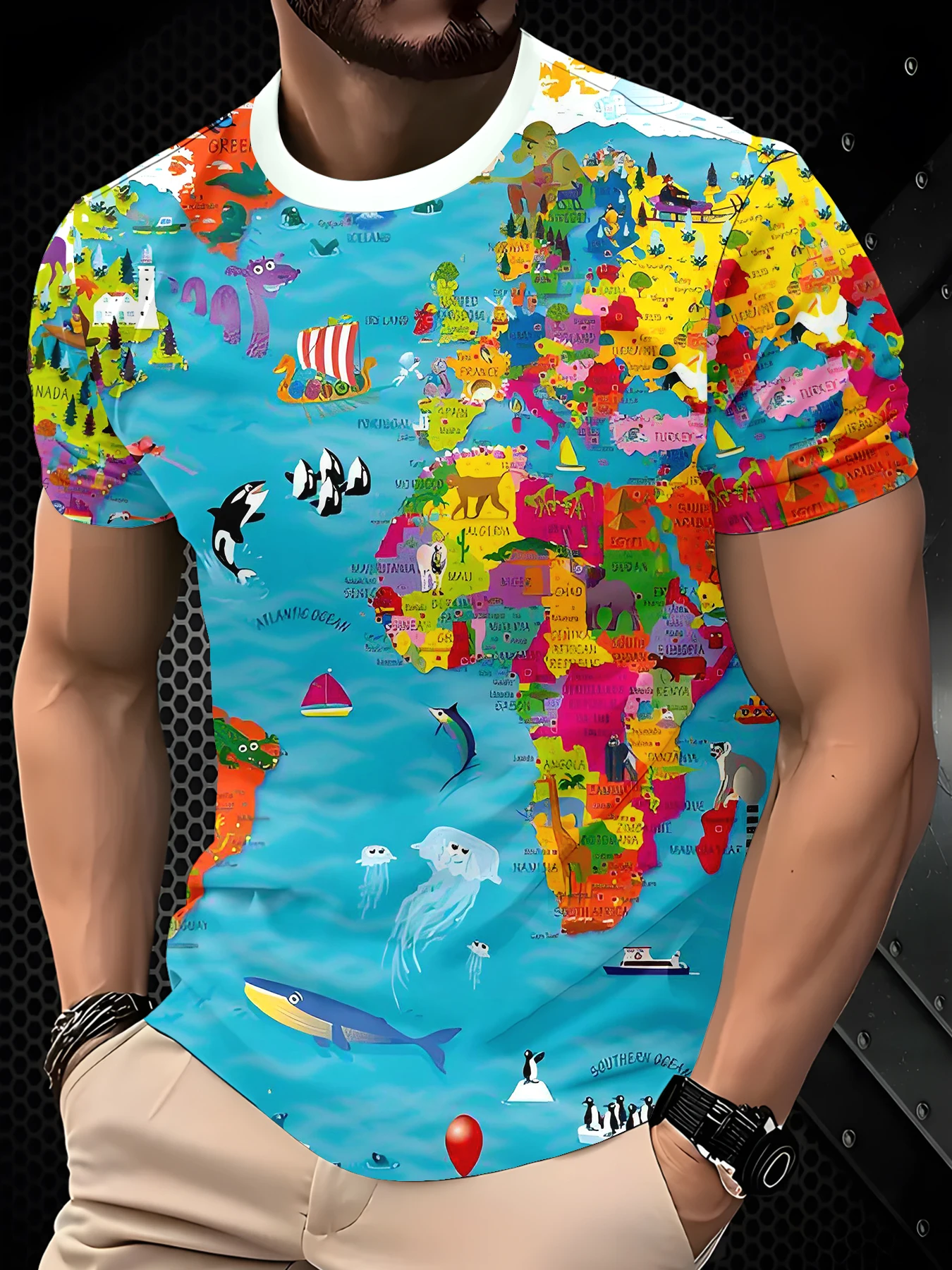 Men Crew Neck Tee With Colorful Map Sea Animal Decor Print