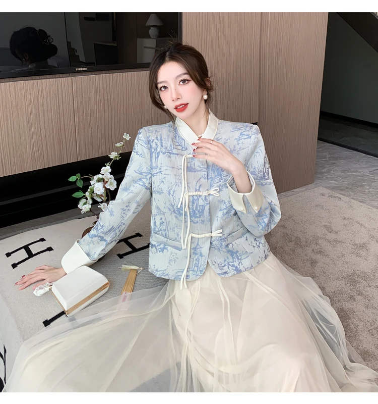 Runway Women Two Piece Skirt Set Autumn Chinese Style Stand Collar Chich Buttons Short Jacquard Coat+High Waist Mesh Skirt Suits