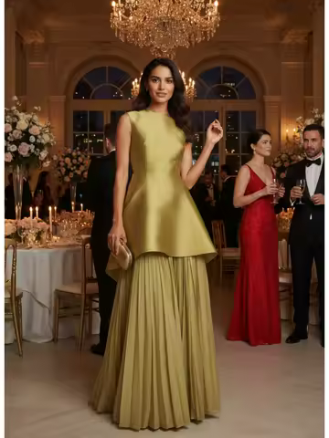 Women's Gold Elegant Evening Dress Round Neck Sleeveless High Waist Pleated A-line Party Dresses Floor Length Wedding Dress