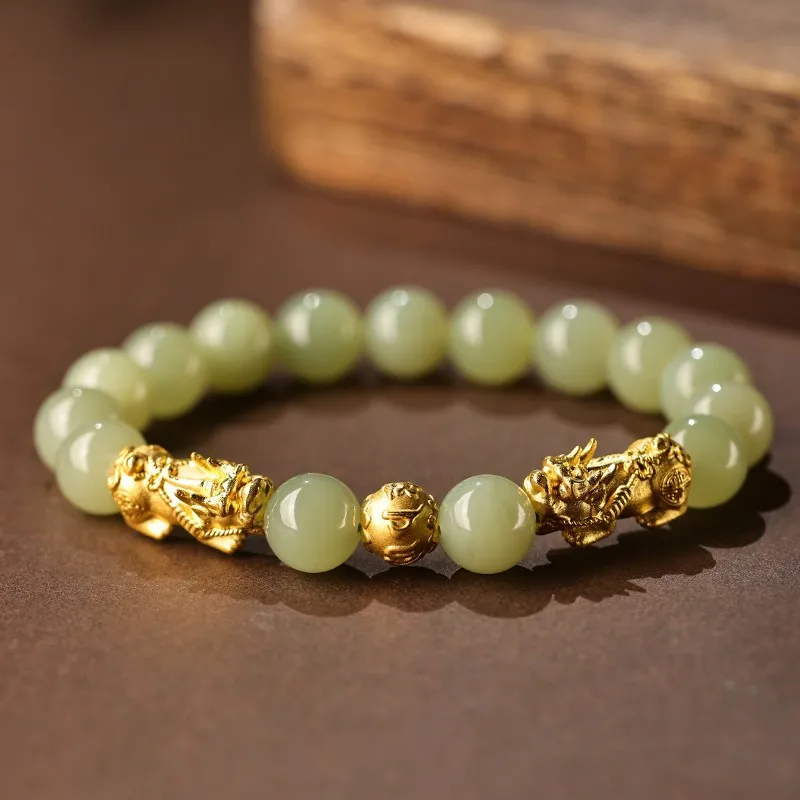 Natural Hetian Jade Beaded Bracelet Double Golden Pi Xiu Lucky Wealth Bracelet Feng Shui Jewelry Bracelet For Women Men Gift