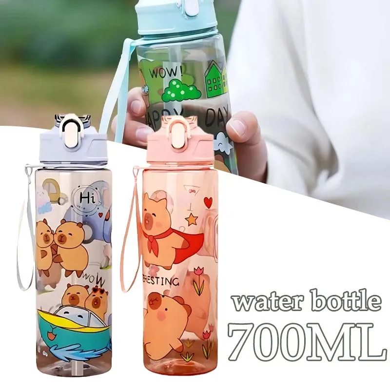 750ML Capybara Straw Cup Cute Cartoon Water Bottle with Carry Strap Leakproof Portable Drinking Cup Kids Bottle