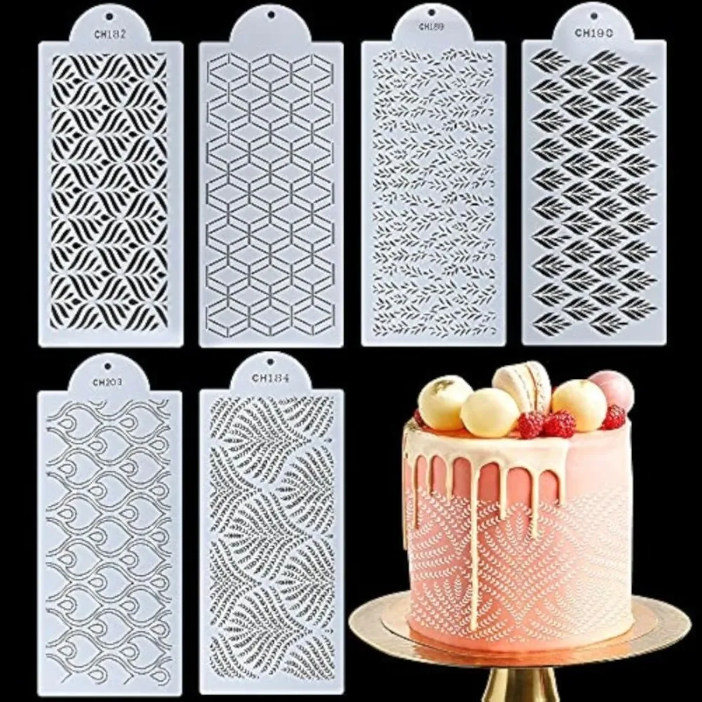 6Pcs Geometric Texture Cake Spray Stencils, Reusable PET Template for Cake Fondant Cookie Decor, Wedding and Birthday Baking Use