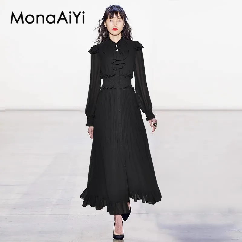 

MonaAiYi New Fashion Runway Designer Women's Ruffle Edge Standing Collar Lantern Sleeve Elasticity Waistline Black Fold Dress