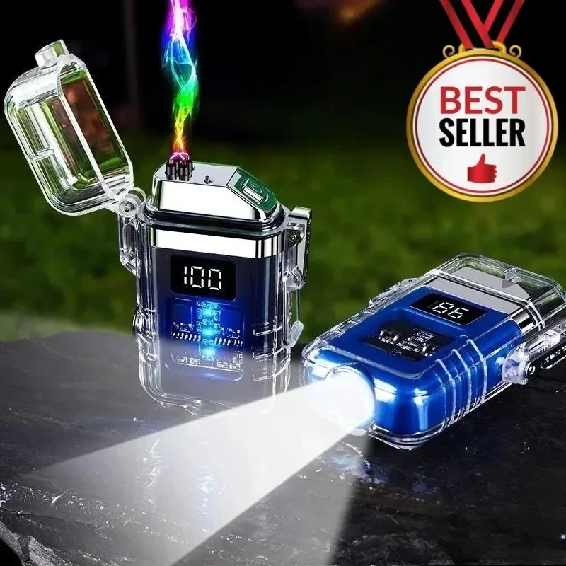 

Outdoor Waterproof Windproof USB Rechargeable Dual Arc Plasma Pulse Lighter Flameless LED Display Electric Lighter Men's Gifts