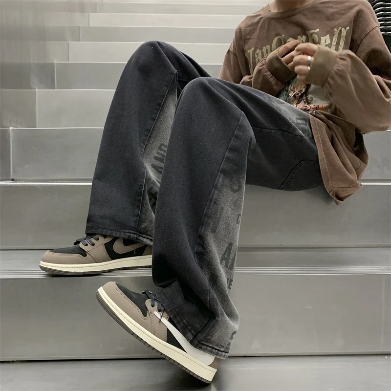 

Tie-Dye Men's Jeans Loose Fit Hip Hop Casual Straight Leg Pants mid Waist Zipper Closure Youth Trend High Street Style