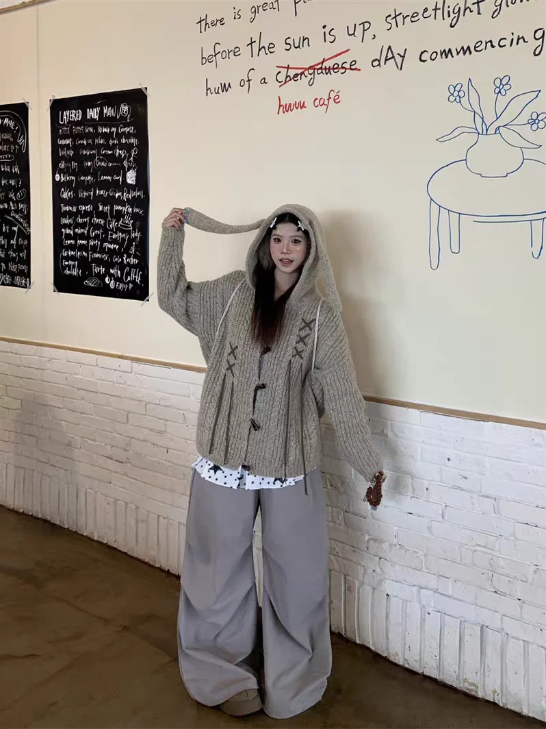 アメリカンレトロニット帽子ウサギ耳ツイストルーズレディースセーター秋冬新スタイルオープンカーディガンコートカジュアルファッション