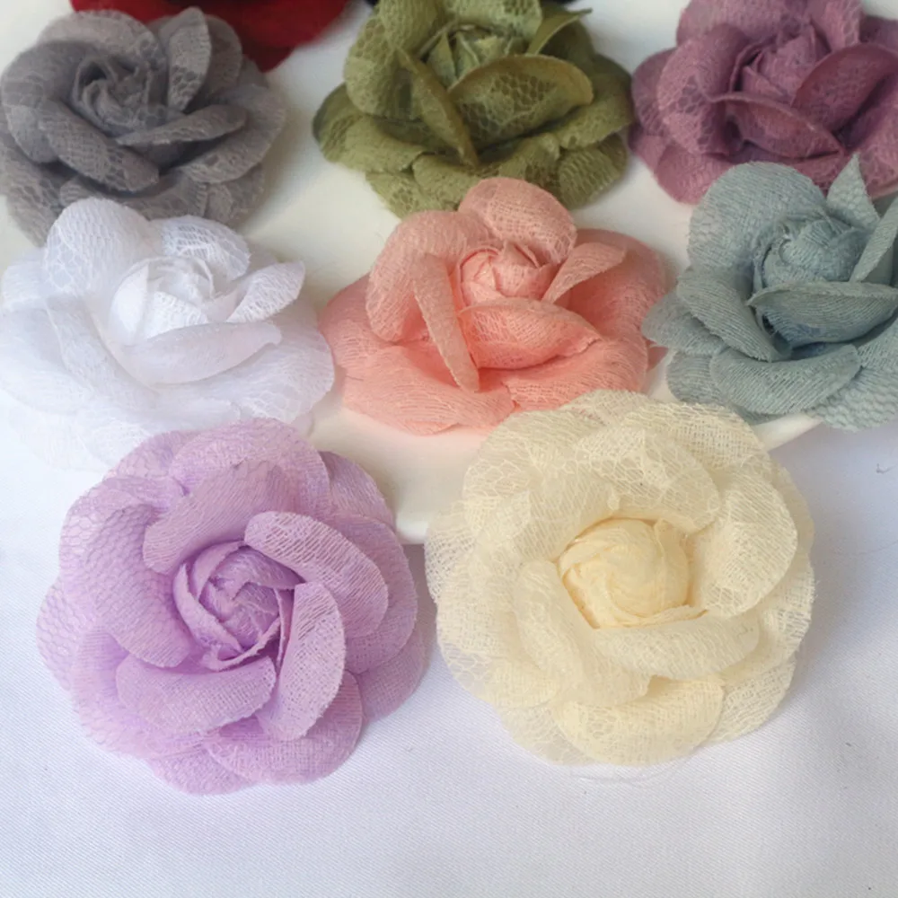 5PCS 5,5 CM Handgemachte Spitze Stoff Kamelie Rose Blume Kopfbedeckung Hut Kleid Kleidung Dekoration Haar Zubehör Brosche DIY material – Detail 7