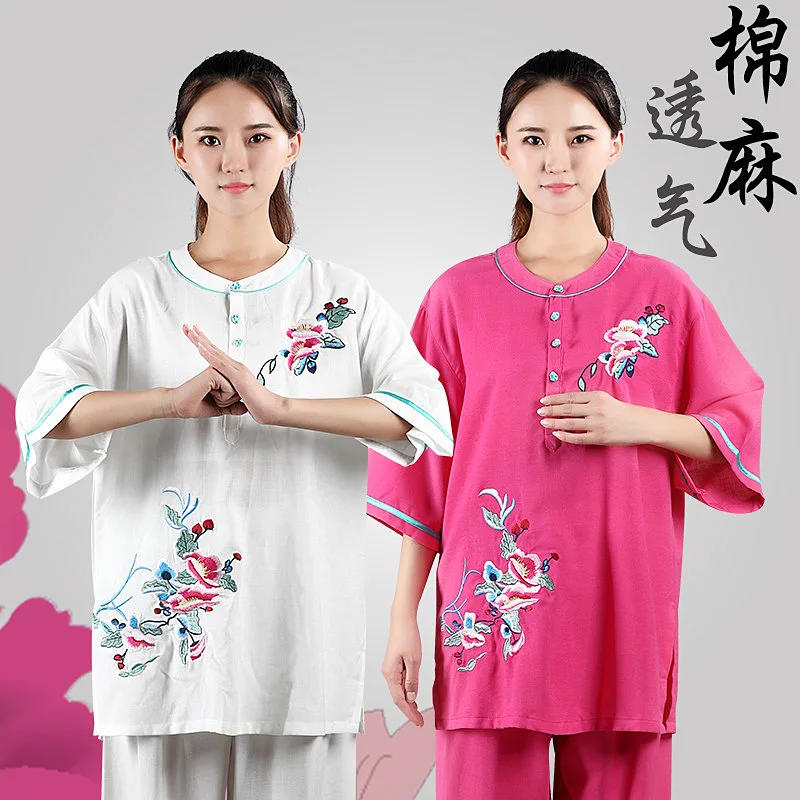 Women's Tai Chi Suit Summer New Arrival Linen Cotton Blend Embroidered Peony Pattern Short Sleeve Martial Arts Training Wear