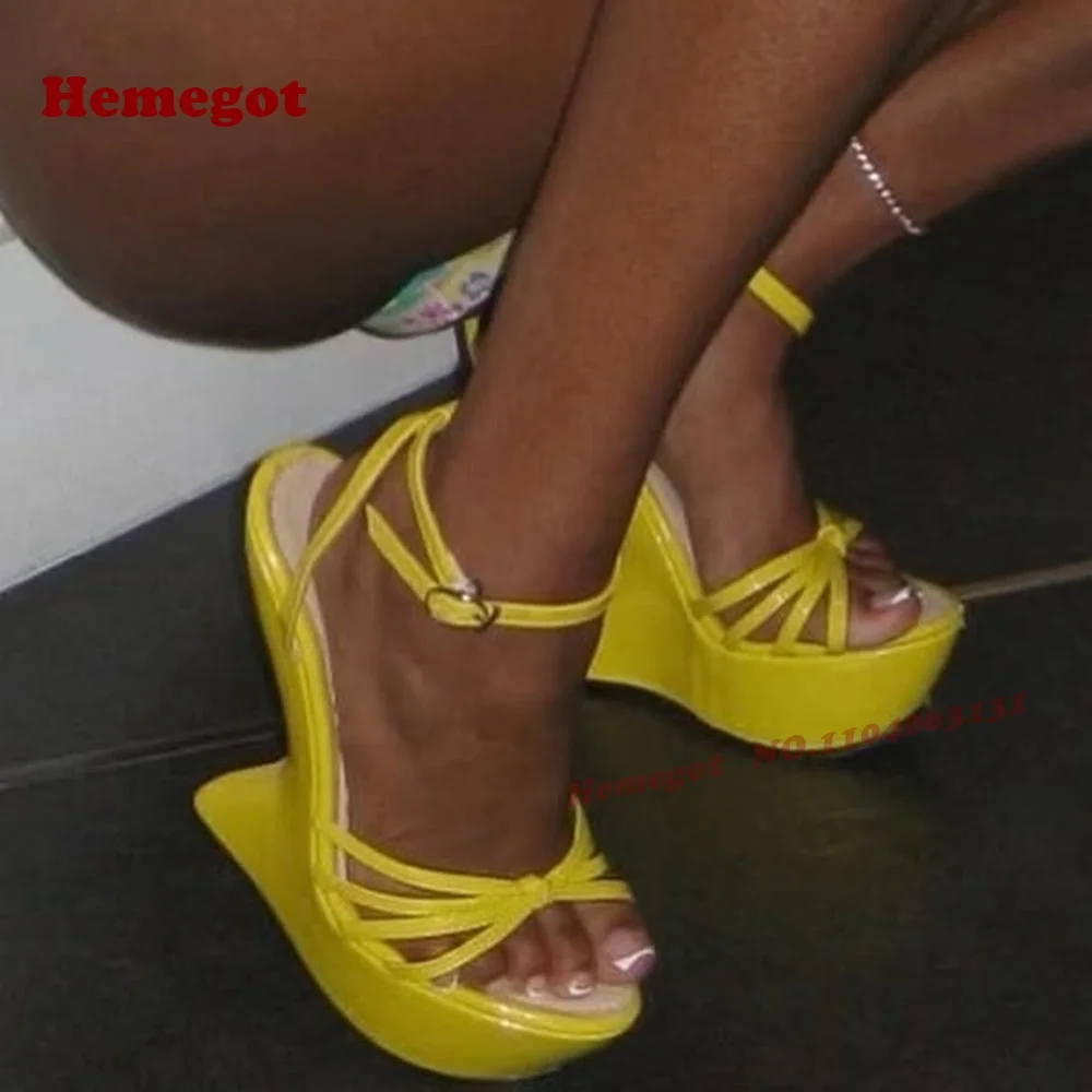 

Platform Straps Cut Out Sandals No-Heels Buckled Women's Sandals Slingback Strange Style Ankle Strap Knot Yellow Glossy Shoes