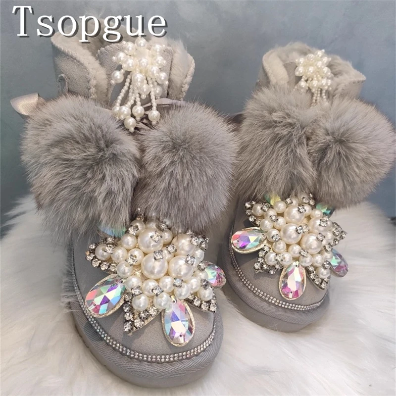 

Luxury Rhinestone Pearl Women Snow Boots Brand Design Round Toe Suede Leather Lace Up Thick Bottom Ankle Boots
