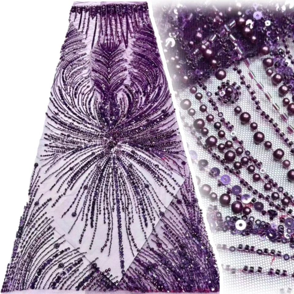 

Фиолетовая африканская кружевная ткань с блестками и бисером, 2022, высокое качество, нигерийская кружевная ткань с вышивкой для свадебного шитья 1788