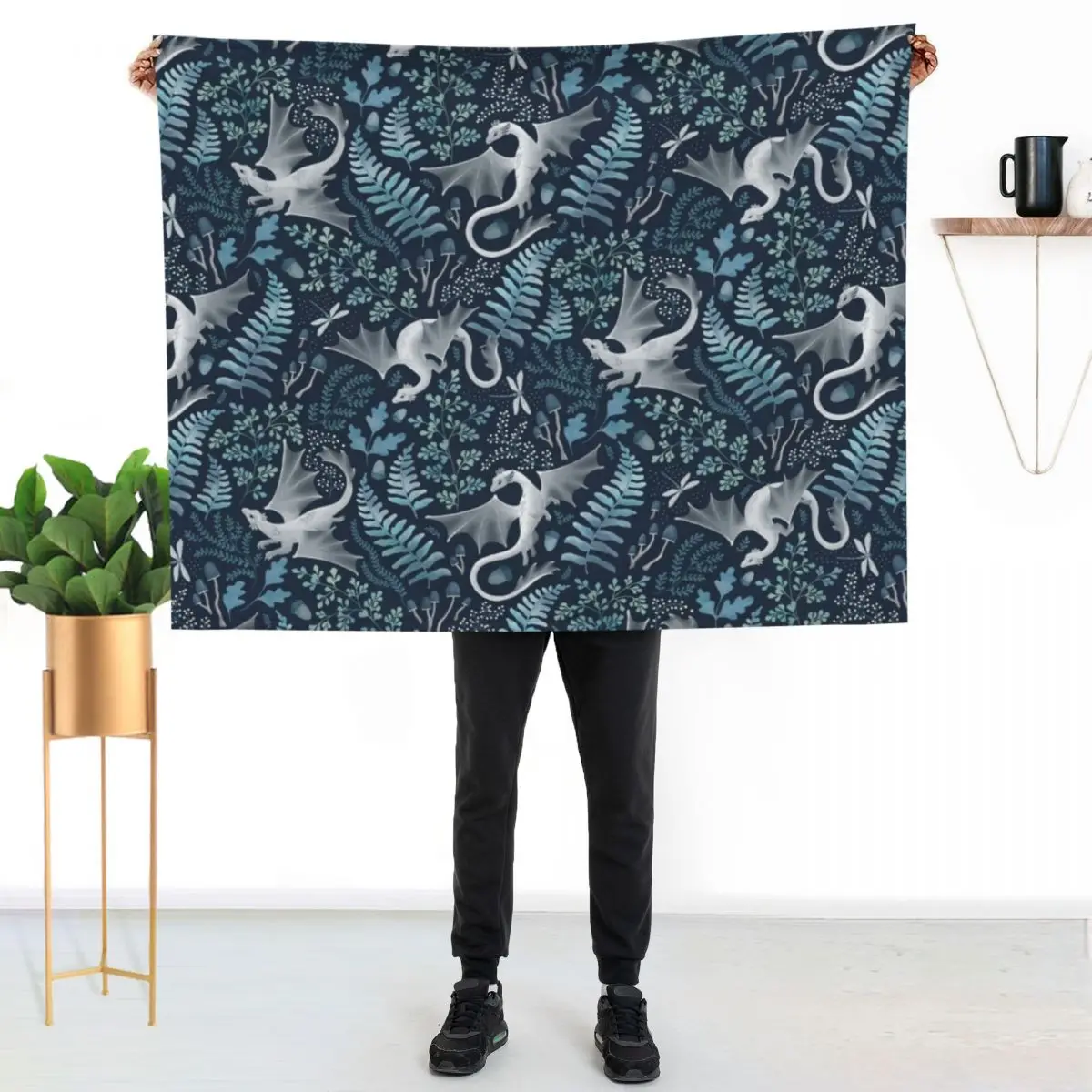Forest dragons in shades of blue and green on navy blue Throw Blanket anime Decorative Sofa Flannel Beautifuls Stuffeds Blankets