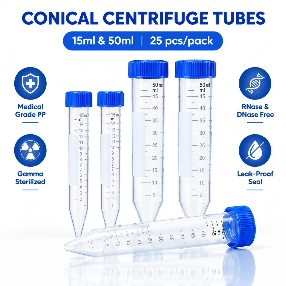 IKEME 25Pcs 15mL Sterile Plastic Centrifuge Tubes with Screw Caps for Laboratory Sample Storage Research and Routine Lab Testing