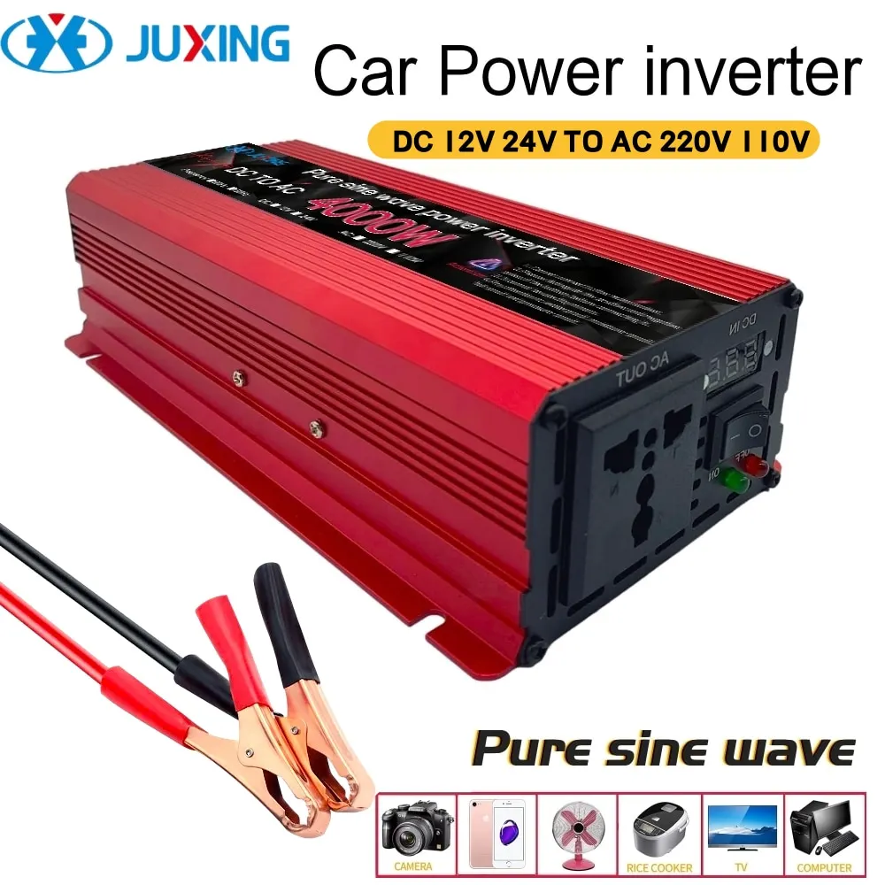 

JUXING 4000W Pure Sine Wave Car Power Inverter DC12V/24V to AC220V 110V Power Converter, With LED Display Universal Socket