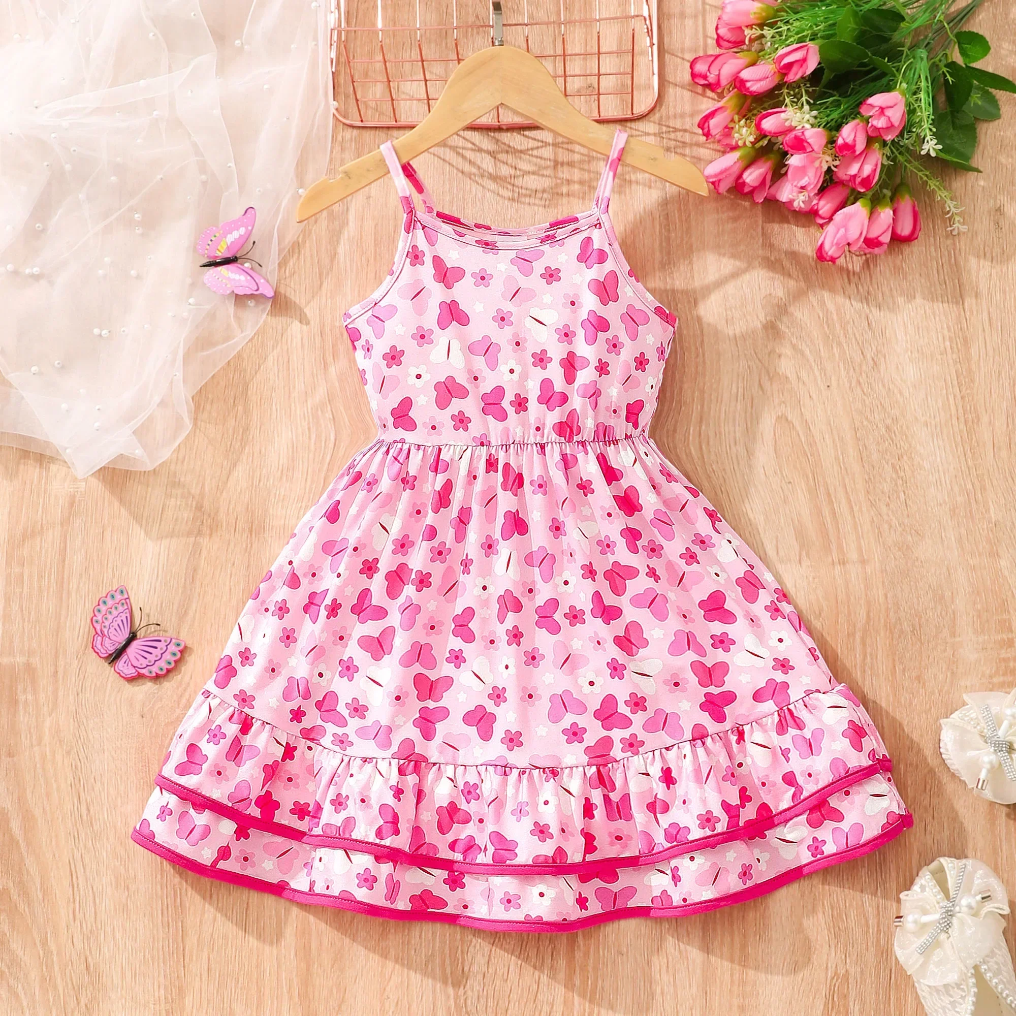 Girls Clothing Summer Dress Kids Sleeveless Double Layered Ruffle Youth Pattern Casual Colorful Dress