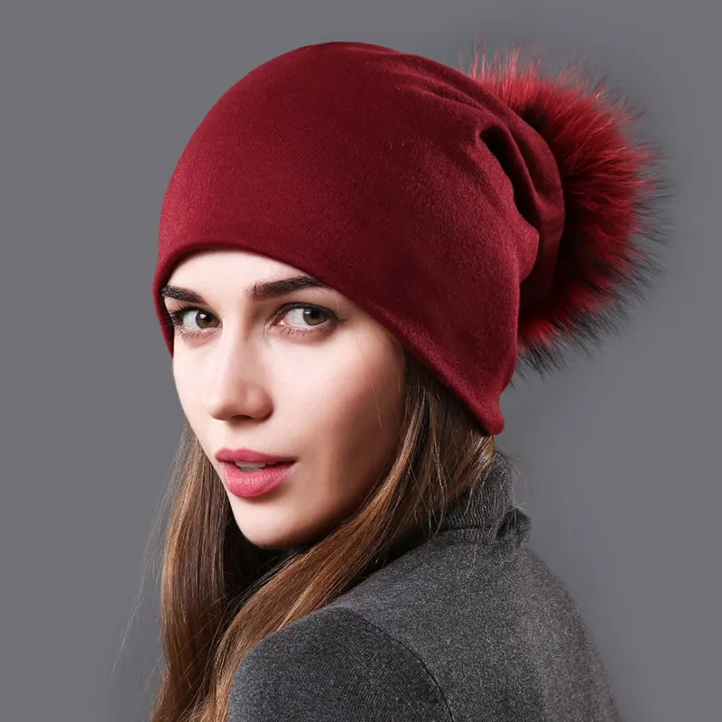 

Brand Women's Pompom Beanie Hats Autumn Winter Solid Cotton Slouchy Beanies for Women Ladies Hat With Genuine Raccoon Fur Pompon