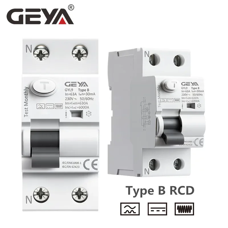 GEYA GYL9 Type B RCD Din Rail Earth Leakage Current breaker DC RCCB RCD 2P 4P 63A 30mA 100mA 300mA 6KA IEC62423
