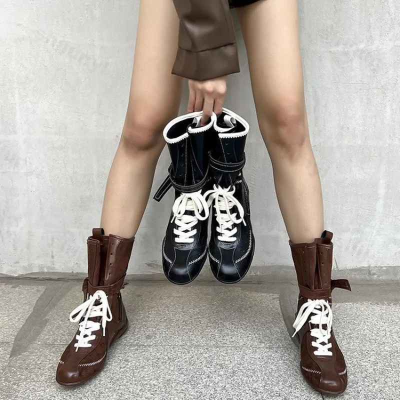 

Women's Luxury Vintage Booster Boots 2025 Autumn Winter Boxing Frosted Leather Lace-up Ankle Boots Zapatos De Mujer Hot Selling