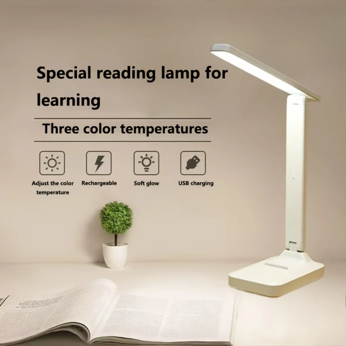 1PC high-brightness LED foldable desk lamp, three-color temperature, suitable for reading, office and bedroom lighting