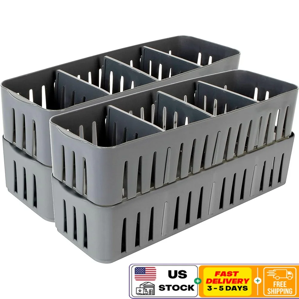 

2 Pack Stackable Storage Bins with Adjustable Dividers Drawer Organizer Office Supplies Cosmetics Bathroom 4 Compartments