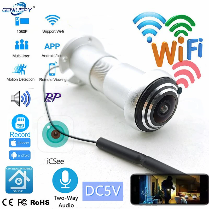 Wireless 2 Way Audio Door Eye Hole Home 1080P 1.66mm FishEye Network Mini Peephole Wifi Door IP Camera P2P ICSEE TF Card Slot