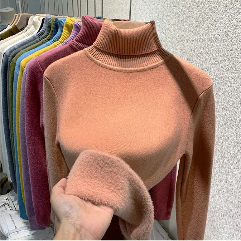 Autumn Winter New Fleece Thickened High Neck Sweater Women Solid Fashion Simple Temperament Warm Patchwork Long Sleeve Knit Top