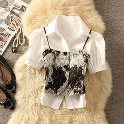 Shirts and Blouses Women's Clothing Sales Top Two-piece Women's Summer new Retro Tie-dyed Suspenders with Bubble Sleeve Shirts