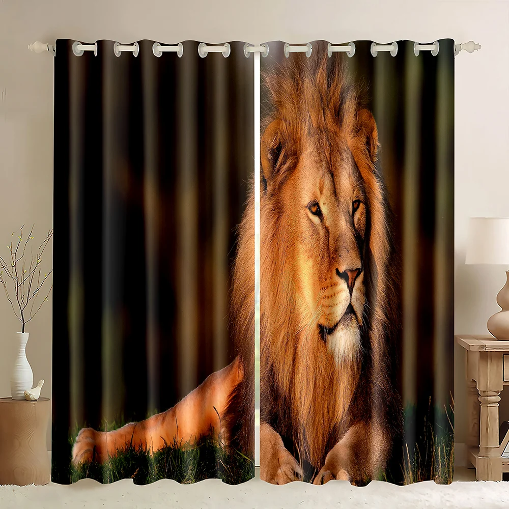 African Wildlife Lion Blackout Curtain,King of The Grassland 3D Printed,Wildlife Window Curtain Animal Lion Theme Curtains