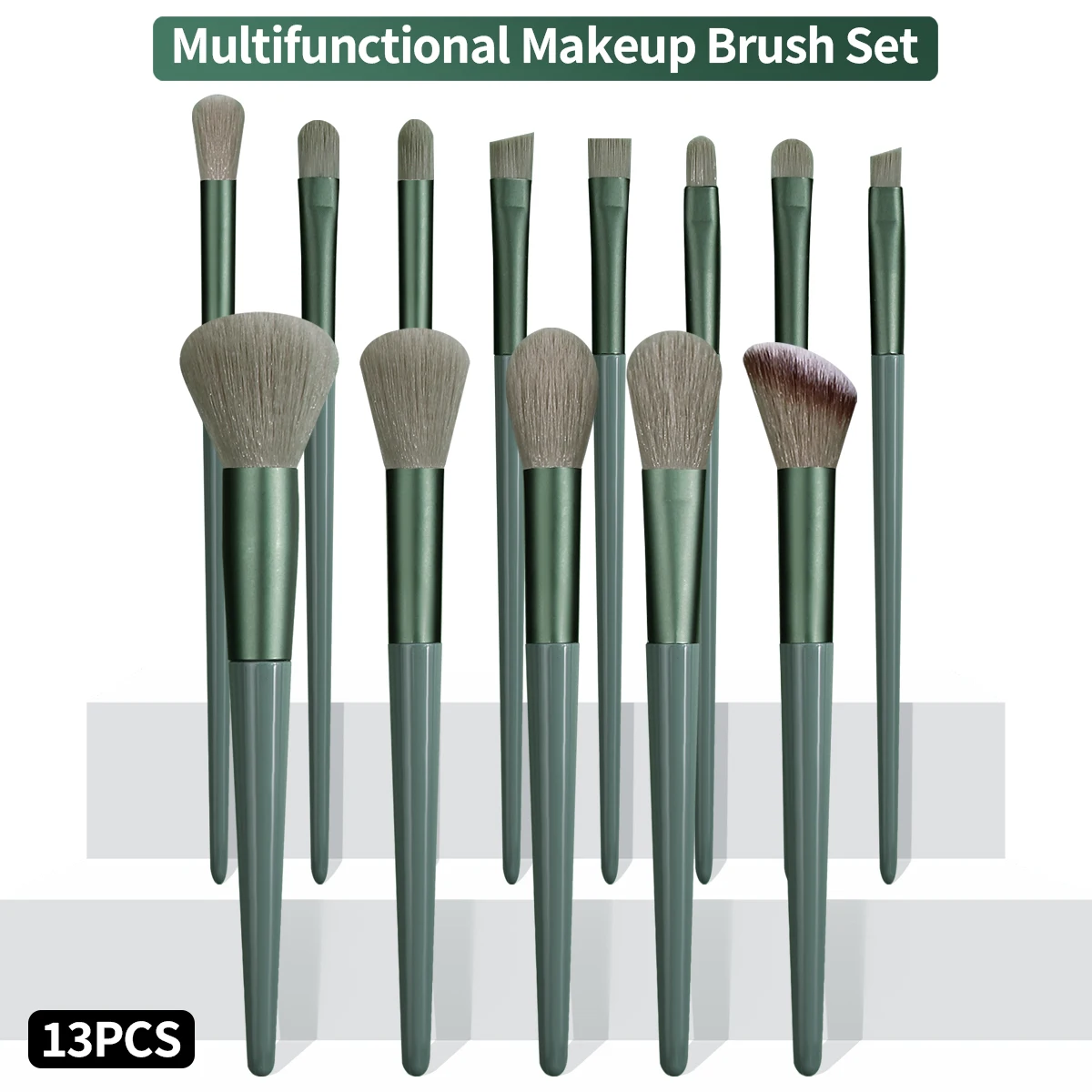 13PCS Green Makeup Brush Set,for Foundation,Eyeshadow,Concealer&Blush,Complete Cosmetic Tool Kit for Beginners&Daily Makeup