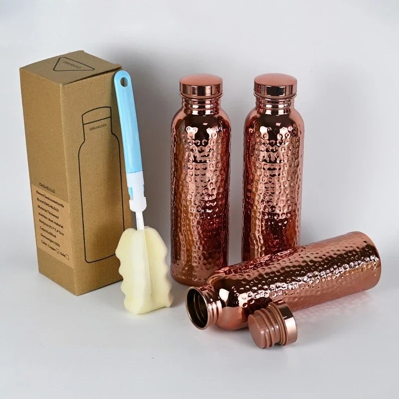 800ML Electroplated Copper Water Bottle​ ​One-Click Open Lid​ Anti-Slip Silicone Base​ ​Hammer Pattern Bottle​ Sports Bottle