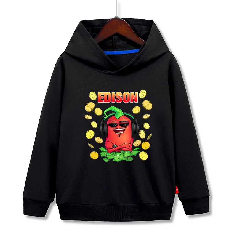 Edison Pts Kids Hoodies Autumn Thin Long Sleeve Эдисон перец Boy Hooded Sweatshirts Boys Girls Casual Cartoon Clothing